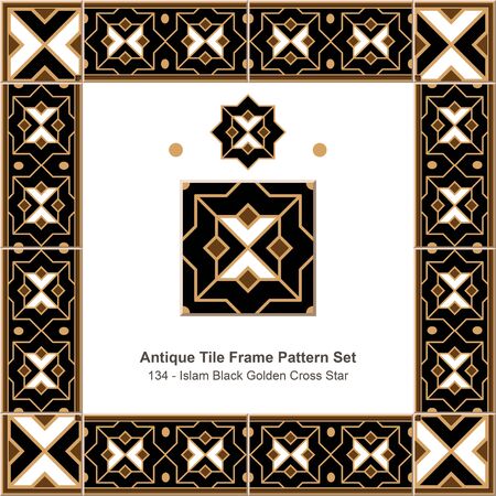Antique tile frame pattern set_134 Islam Black Golden Cross Starのイラスト素材