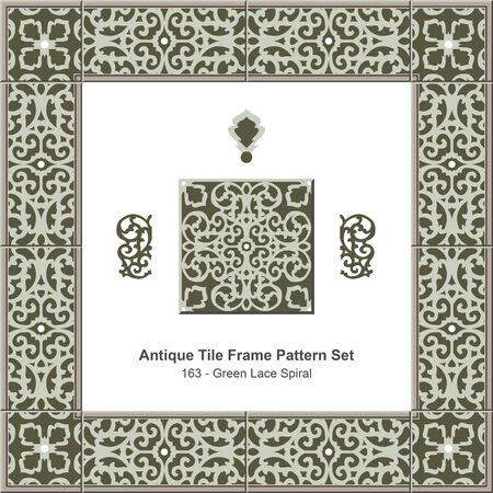 Antique tile frame pattern set_163 Green Lace Spiralのイラスト素材