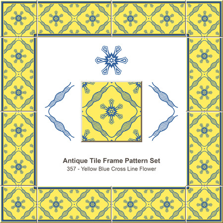Antique tile frame pattern set_357 Yellow Blue Cross Line Flowerのイラスト素材