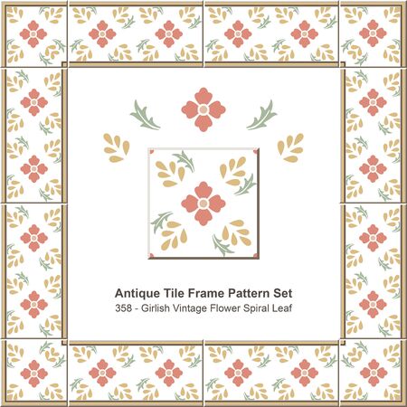Antique tile frame pattern set_358 Girlish Vintage Flower Spiral Leafのイラスト素材