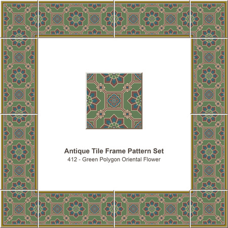 Antique tile frame pattern set_412 Green Polygon Oriental Flowerのイラスト素材