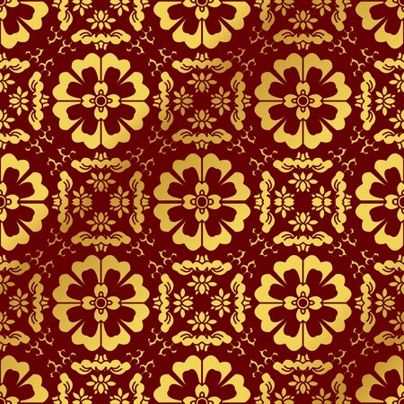 Seamless Golden Chinese Background Cross Spiral Round Flower Kaleidoscopeのイラスト素材