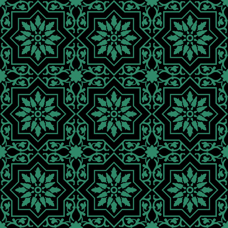 Antique seamless green background star spiral vine flowerのイラスト素材