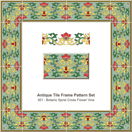 Antique tile frame pattern set Botanic Spiral Cross Flower Vineのイラスト素材