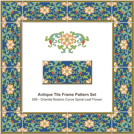 Antique tile frame pattern set Oriental Botanic Curve Spiral Leaf Flowerのイラスト素材