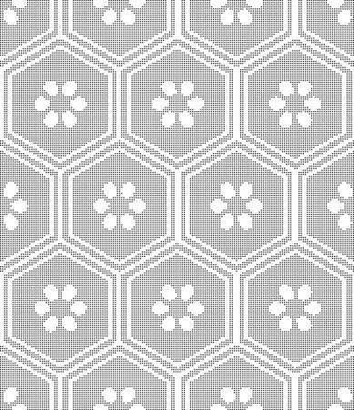 Halftone round black seamless background oriental hexagon polygon frame round flowerのイラスト素材