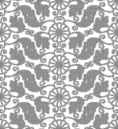 Halftone round black seamless background oriental Japanese spiral vortex round flower leaf vineのイラスト素材