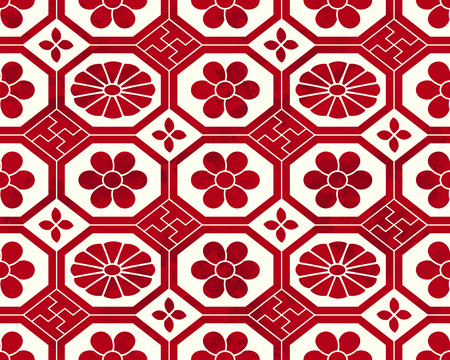 Seamless Vintage Chinese Background retro octagon check cross frame flowerのイラスト素材