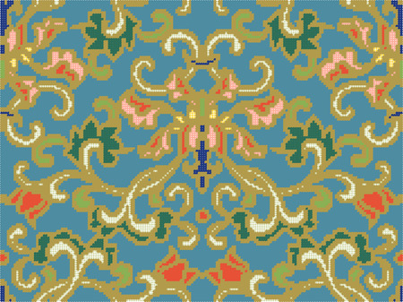 Halftone colorful seamless retro pattern oriental Chinese traditional botanic spiral flower leaf chintzのイラスト素材