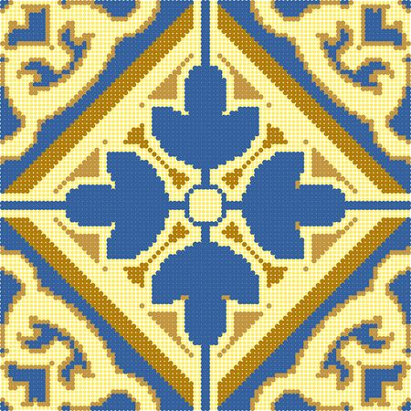 Halftone colorful seamless retro pattern golden yellow line blue cross flowerのイラスト素材