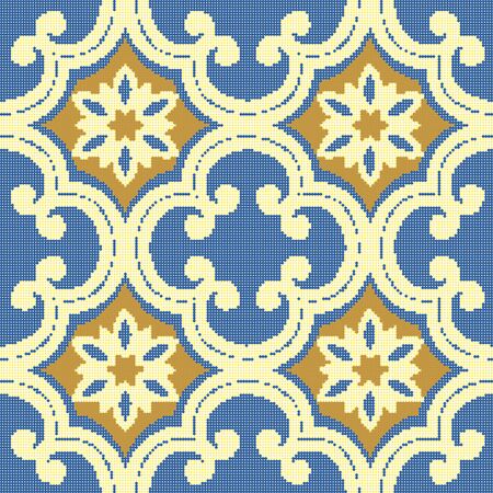 Halftone colorful seamless retro pattern oriental golden blue curve cross flowerのイラスト素材