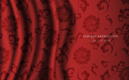 Traditional Red Chinese Silk Satin Fabric Cloth Background curve spiral botanic flowerのイラスト素材