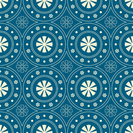 Seamless background southeast Asian retro aboriginal traditional art textile pattern round circle dot line flower crossのイラスト素材