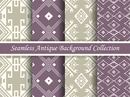 Antique seamless elegant purple tone background image collection, four stylish retro design pattern for greeting card or wallpaper decoration.のイラスト素材