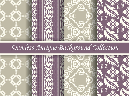 Antique seamless elegant purple tone background image collection, four stylish retro design pattern for greeting card or wallpaper decoration.のイラスト素材