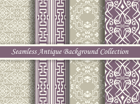 Antique seamless elegant purple tone background image collection, four stylish retro design pattern for greeting card or wallpaper decoration.のイラスト素材