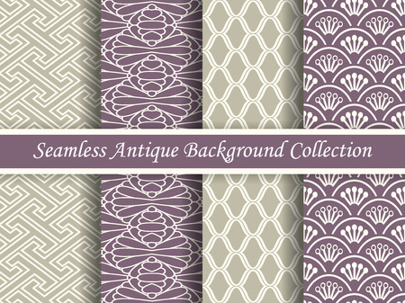 Antique seamless elegant purple tone background image collection, four stylish retro design pattern for greeting card or wallpaper decoration.のイラスト素材