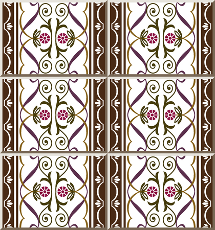 Ceramic tile pattern curve spiral vortex cross frame vine line round flower, oriental interior floor wall ornament elegant stylish designのイラスト素材