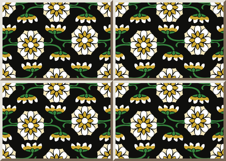 Ceramic tile pattern curve cross stem leaf frame vine flower, oriental interior floor wall ornament elegant stylish designのイラスト素材