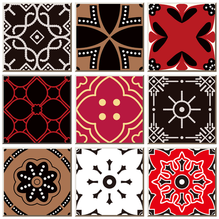 Oriental antique retro ceramic tile pattern combo collection set, vintage interior floor decoration.のイラスト素材