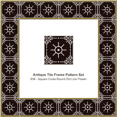 Antique tile frame pattern set square cross round dot line flower, ceramic decoration template for greeting card design.のイラスト素材