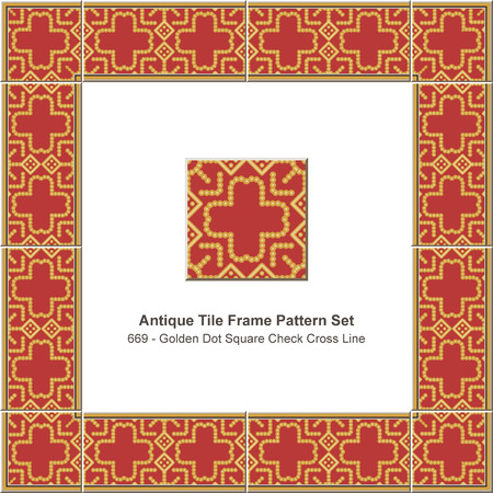 Antique tile frame pattern set golden check square cross dot line, ceramic decoration template for greeting card design.のイラスト素材
