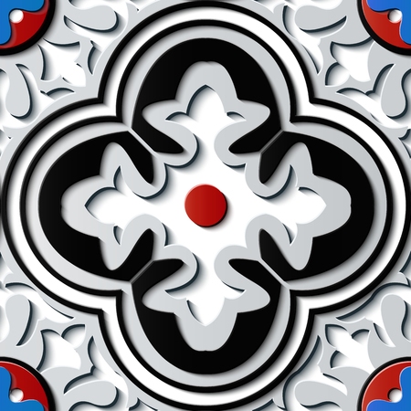 Seamless relief sculpture decoration retro pattern round curve cross flower frame kaleidoscope. Ideal for greeting card or backdrop template designのイラスト素材
