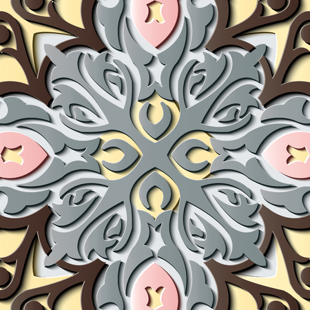 Seamless relief sculpture decoration retro pattern spiral curve cross leaf vine flower kaleidoscope. Ideal for greeting card or backdrop template designのイラスト素材