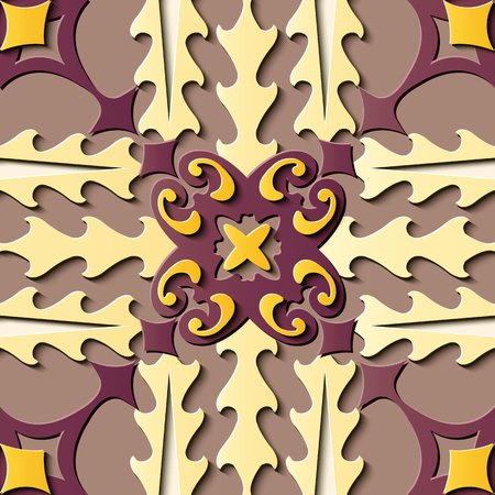 Seamless relief sculpture decoration retro pattern wave spiral curve cross flower frame kaleidoscope. Ideal for greeting card or backdrop template designのイラスト素材