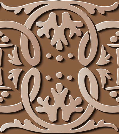 Seamless relief sculpture decoration retro pattern brown aboriginal spiral curve, cross frame vine flower leaf. Ideal for greeting card or backdrop template designのイラスト素材