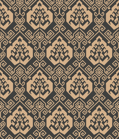 Vector damask seamless retro pattern background spiral vortex cross frame line leaf abstract. Elegant luxury brown tone design for wallpapers, backdrops and page fill.のイラスト素材