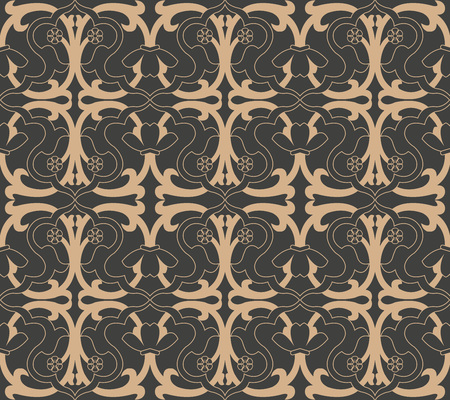 Vector damask seamless retro pattern background spiral curve cross frame plant leaf flower abstract. Elegant luxury brown tone design for wallpapers, backdrops and page fill.のイラスト素材