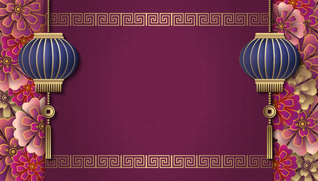 Happy Chinese new year retro relief flower lantern spiral cross lattice frame border. Idea for greeting card, web banner design.のイラスト素材