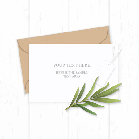 Flat lay top view elegant white composition letter kraft paper envelope tarragon leaf and taag on wooden background.のイラスト素材