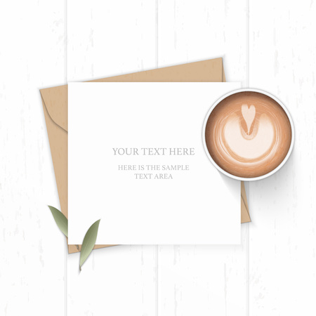 Flat lay top view elegant white composition letter kraft paper envelope nature leaf and coffee on wooden background.のイラスト素材