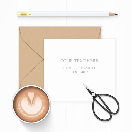 Flat lay top view elegant white composition paper brown kraft envelope pencil coffee and metal vintage scissors on wooden background.のイラスト素材