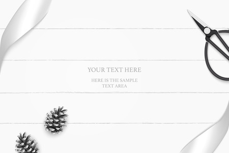 top view elegant white composition silver ribbon pine cone and vintage metal scissors on wooden floor background.のイラスト素材