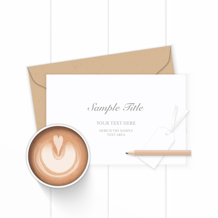 Flat lay top view elegant white composition letter kraft paper envelope pencil and coffee on wooden background.のイラスト素材