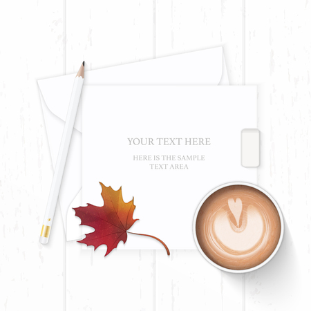 Flat lay top view elegant white composition letter paper envelope pencil eraser tag autumn maple leaf and coffee on wooden background.のイラスト素材