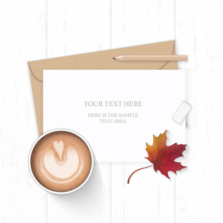 Flat lay top view elegant white composition letter kraft paper envelope pencil eraser autumn maple leaf and coffee on wooden background.のイラスト素材