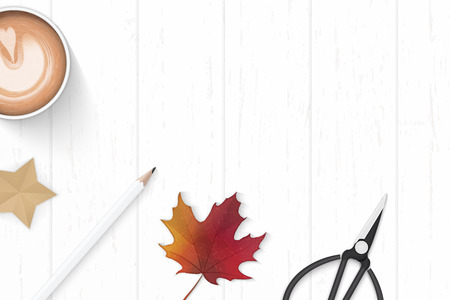 Flat lay top view elegant white composition paper coffe pencil tag scissors autumn maple leaf and star craft on wooden background.のイラスト素材