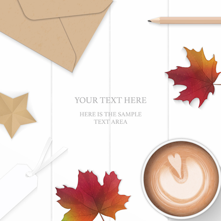 Flat lay top view elegant white composition paper autumn maple leaf kraft envelope tag pencil and coffee on wooden background.のイラスト素材