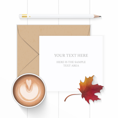 Flat lay top view elegant white composition paper brown kraft envelope pencil coffee and autumn maple leaf scissors on wooden background.のイラスト素材