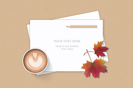Flat lay top view elegant white composition paper autumn maple leaf pencil and coffee on kraft background.のイラスト素材