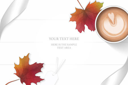 Flat lay top view elegant white composition silver ribbon autumn maple leaf tag and coffee on wooden floor background.のイラスト素材