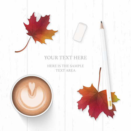 Flat lay top view elegant white composition paper pencil eraser coffee and autumn maple leaf on wooden backgroundのイラスト素材