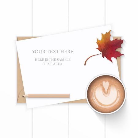 Flat lay top view elegant white composition paper kraft envelope autumn maple leaf pencil and coffee on wooden background.のイラスト素材