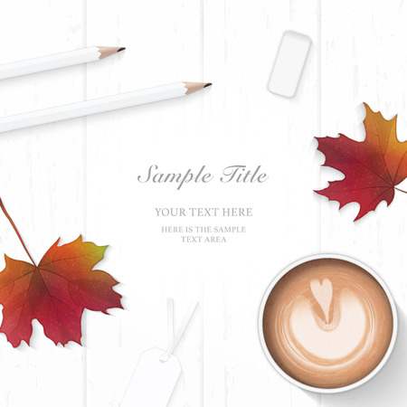 Flat lay top view elegant composition paper pine cone tags pencil eraser autumn maple leaf tag and coffee on wooden background.のイラスト素材