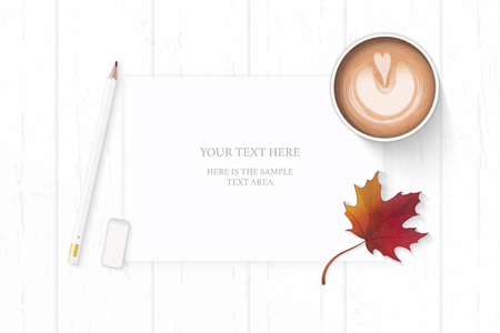 Flat lay top view elegant white composition paper pencil eraser autumn maple leaf and coffee on wooden background.のイラスト素材