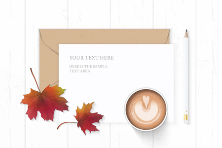 Flat lay top view elegant white composition letter paper kraft envelope autumn maple leaf coffee and pencil on wooden background.のイラスト素材